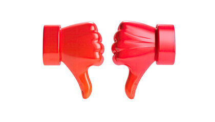 Two glossy, red thumbs-down emojis side-by-side, set against a stark black background