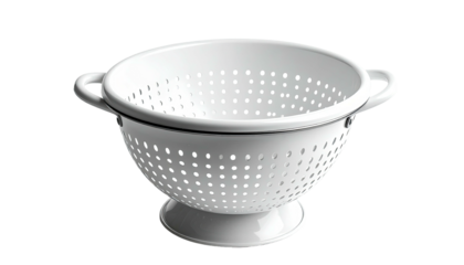 White, bowl-shaped kitchen utensil with small holes, two handles, and a pedestal base