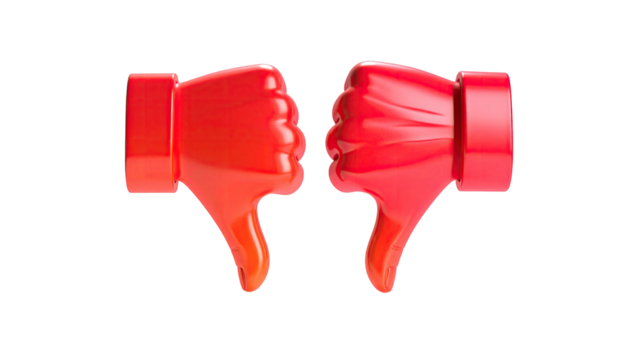 Two glossy, red thumbs-down emojis side-by-side, set against a stark black background