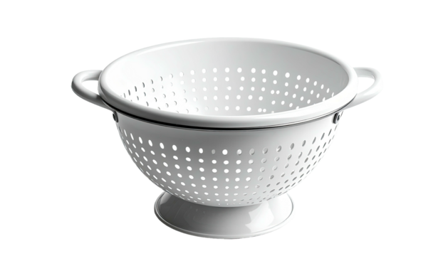 White, bowl-shaped kitchen utensil with small holes, two handles, and a pedestal base