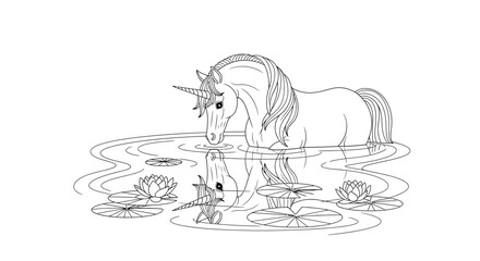 Fototapeta premium Unicorn by Tranquil Pond Forest Reflection Adult Fantasy Coloring Sheet