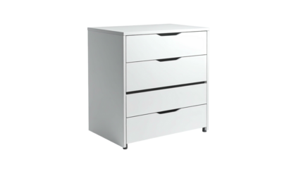 Plain white chest of drawers with four pull-out drawers, on a dark background