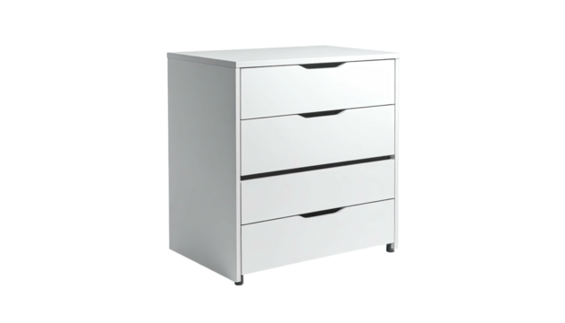 Plain white chest of drawers with four pull-out drawers, on a dark background