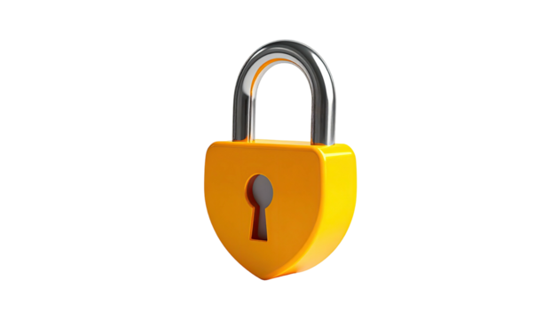 3D render of a yellow heart-shaped padlock with a silver U-shaped shackle