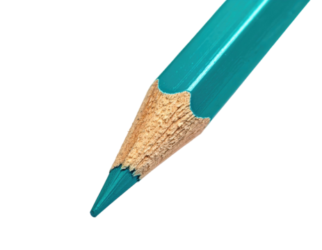 Close-up of a teal colored pencil tip, showing the sharpened wood and vibrant color