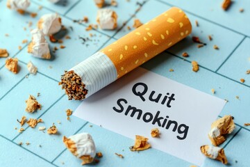 Quit Smoking text with broken cigarette and scattered tobacco