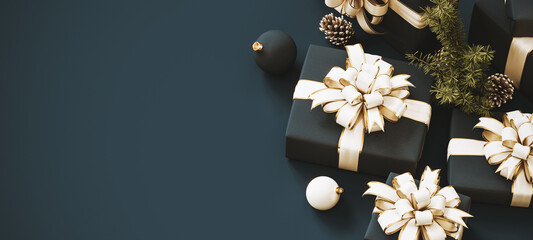 Blue gift box with Christmas decoration on blue background with copy space. Christmas banner design. 3D Rendering, 3D Illustration