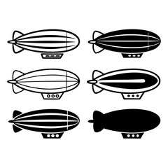 Six hand drawn airships in black and white doodle style illustration