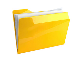 Shiny, yellow, open folder holding sheets of white paper. Isolated on black