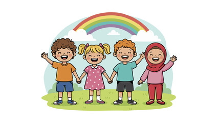 happy children with rainbow