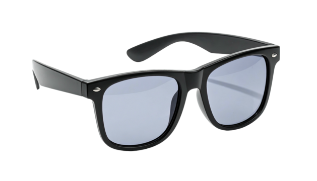 Classic black-framed eyewear with reflective lenses against a dark background