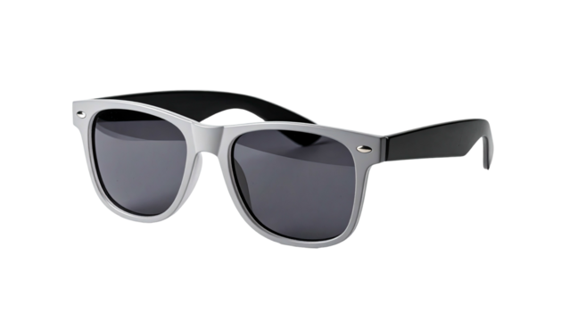 Classic, two-tone sunglasses, white frames and black arms, isolated on black