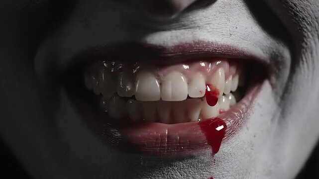 Close up of Vampire s Mouth with Blood Dripping Down Teeth for Halloween