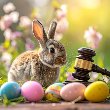 A fluffy brown bunny sits amongst colorful Easter eggs and a judge's gavel, in a spring garden setting
