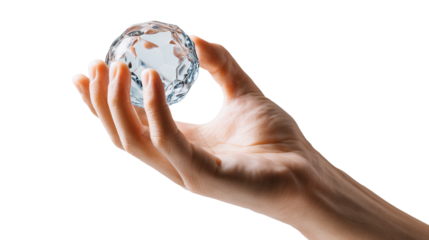 Hand holding glass ball isolated on transparent background