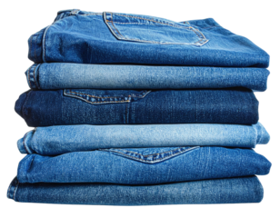 Stack of denim jeans in varying shades of blue