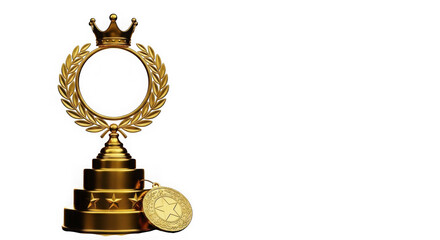 3d golden laurel wreath trophy with medal isolated on transparent background