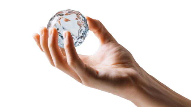 Hand holding glass ball isolated on transparent background