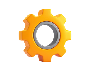 A 3D-rendered, isolated gear icon with orange and silver elements, set against black