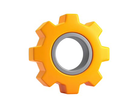 A 3D-rendered, isolated gear icon with orange and silver elements, set against black