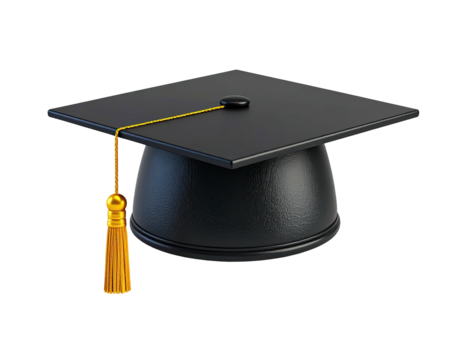 A black square academic cap with a golden tassel, floating against a dark background