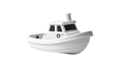 White, toy-like boat, simplistic design with cabin and chimney, isolated on black