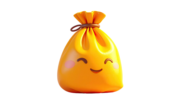 Cheerful, animated yellow bag with drawstring and rosy cheeks on a black background