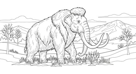 Woolly Mammoth Grazing Prehistoric Ice Age Line Art Adult Coloring Fun