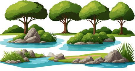 Cartoon trees and landscape illustration with water and rocks