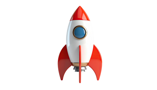A stylized, cartoon rocket with red fins, white body, and red nose