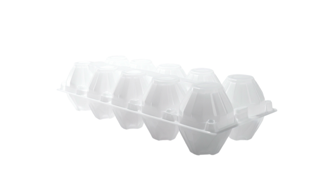 White, empty, clamshell-style container, designed for holding a dozen eggs
