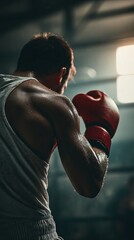 Boxer in action, back view, red gloves, intense focus