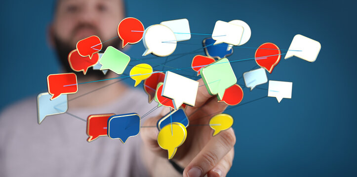 Modern business concept of digital communication, networking, and social media with floating speech bubbles. Perfect for website design and tech