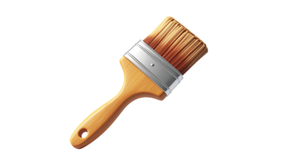 A realistic paintbrush, angled, with a wooden handle and bristles, on a black background
