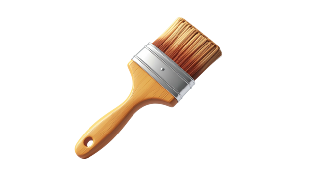 A realistic paintbrush, angled, with a wooden handle and bristles, on a black background