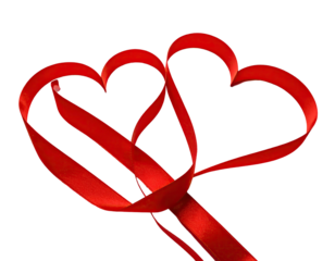 Two intertwined red ribbon hearts against black