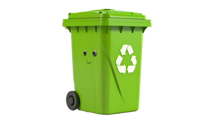 Cheerful green bin with a recycling symbol and happy face, on black background