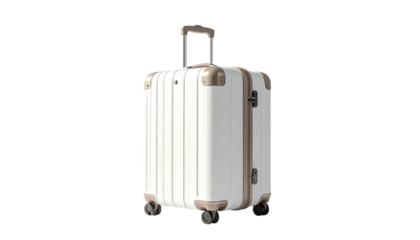 A white, rectangular rolling suitcase with gold accents against a black background