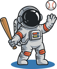 Cartoon Astronaut Playing Baseball in Outer Space with a Bat and Ball on a Blue Oval Ground Illustrating a Fun and Whimsical Theme