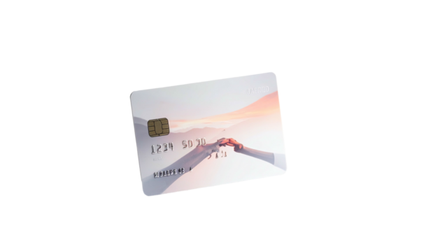 Rectangular card with an abstract landscape, a gold chip, and numbers, floating on black