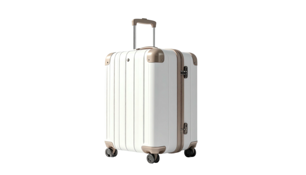 A white, rectangular rolling suitcase with gold accents against a black background