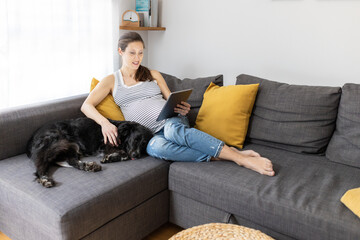 Expectant mother resting using tablet, browsing internet on sofa at home with her dog. Smiling pregnant woman sitting on couch order baby clothes online. 