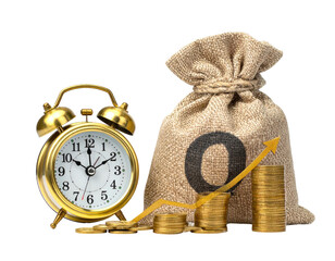Gold alarm clock, money bag, coins, and upward trend
