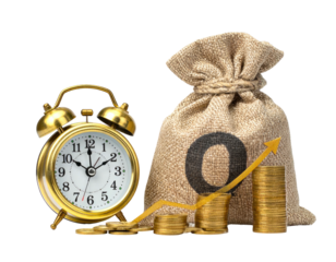 Gold alarm clock, money bag, coins, and upward trend