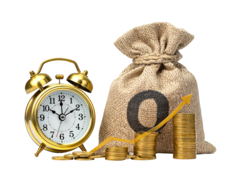 Gold alarm clock, money bag, coins, and upward trend