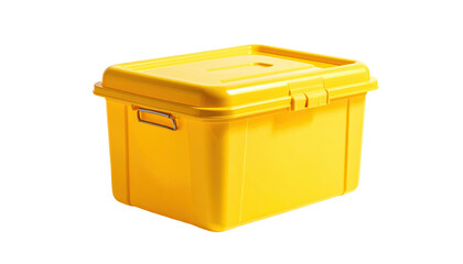 Bright yellow plastic storage container with lid and handle against a black background