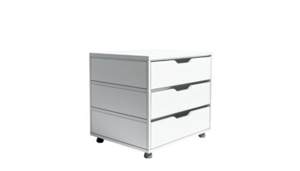 White three-drawer rolling cabinet with integrated handles on a stark black background