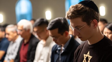 Obraz premium Group of Multiethnic People Attending Religious Service with Focus on Young Man. Ai Generated Images