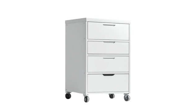 A white four-drawer cabinet on casters, presented in a 3/4 view on a black background