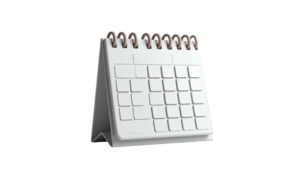 A 3D rendering of a white desk calendar with a metal coil binding against black